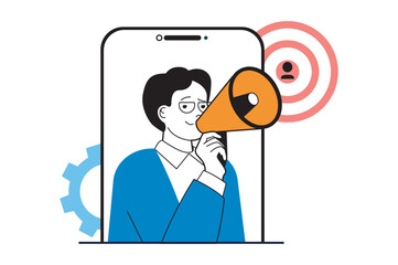 Target audience concept with people scene in flat web design. Man with megaphone promoting and attracting focus group of new clients. Vector illustration for social media banner, marketing material.