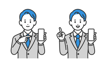 スマホを持ちながら指差しポーズをするビジネスパーソン男性のセット【人物ベクターイラスト素材】