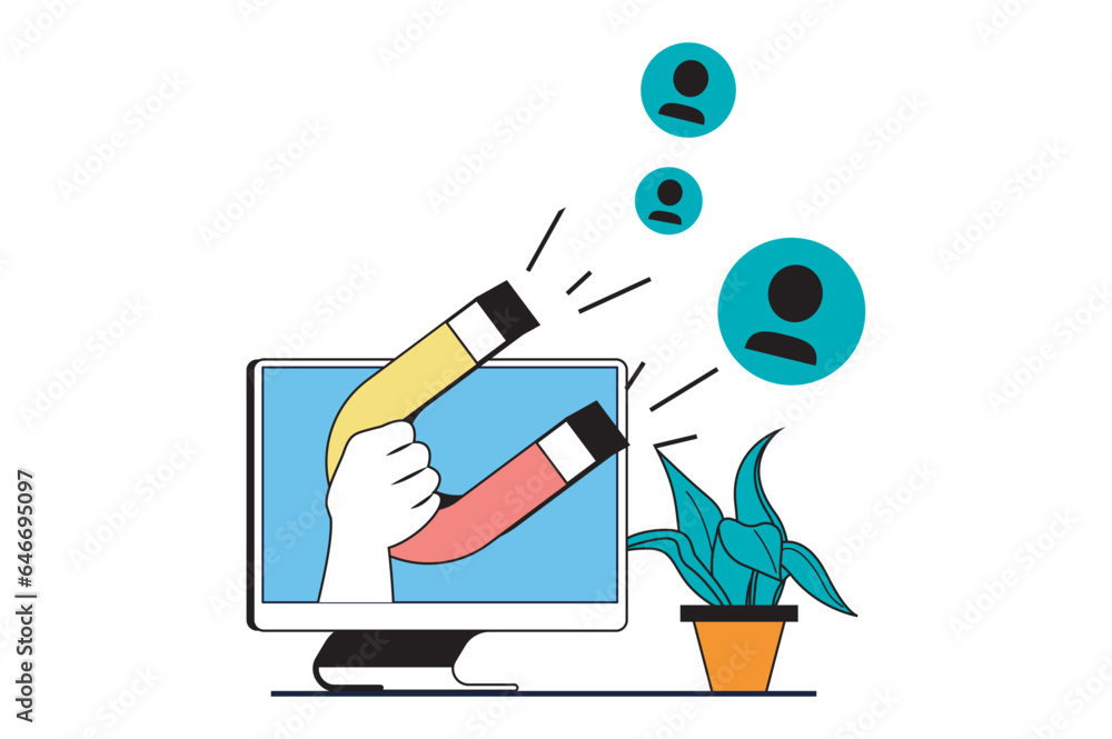 Poster Target audience concept with people scene in flat web design. Finding new clients and lead generation, customer attraction campaign. Vector illustration for social media banner, marketing material.