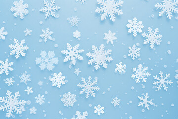 The wallpaper of white, blue background with many snowflakes in various sizes, details and patterns of the winter season for decoration, seasonal cards, ads, banners, and others. AI generated,