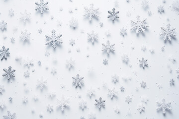 The wallpaper of white, blue background with many snowflakes in various sizes, details and patterns of the winter season for decoration, seasonal cards, ads, banners, and others. AI generated,