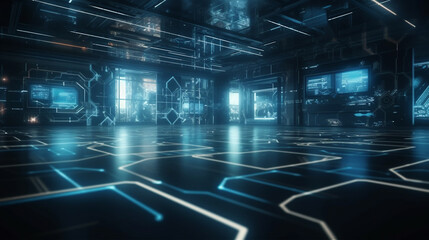 Futuristic Digital dark blue circle hologram over modern city at night 3D rendering generative ai