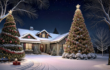 Christmas, house, snow, flower, anniversary, background, Christmas tree, star