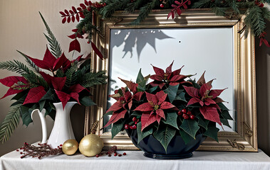 Christmas, poinsettia, flowers, tableware, anniversary, frame, background