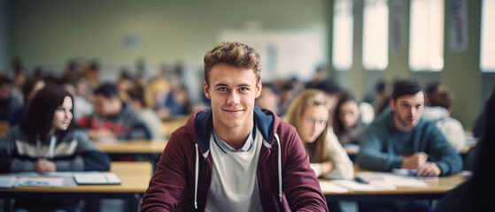 Fototapeta premium portrait a man in a university high school with blurred group of students studying in the classroom.generative ai