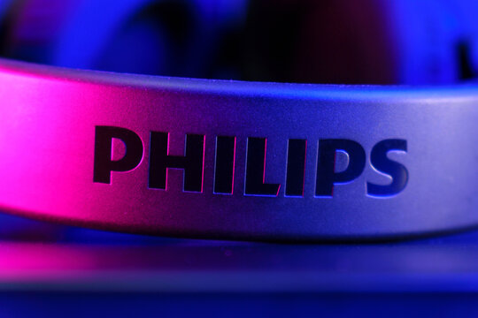 Tyumen, Russia-August 08, 2023: Philips logo shp9500 headphones. The Dutch technology company Philips