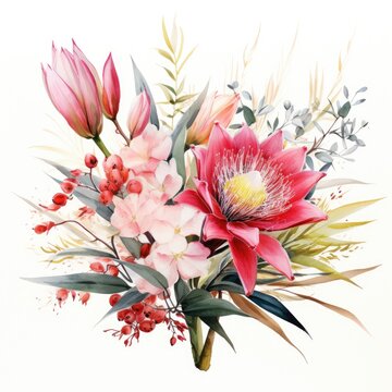Wedding floral composition, watercolor Australian native flowers arrangement isolated on white .