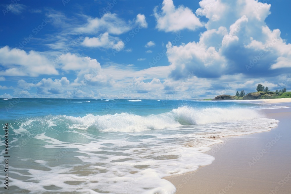 Poster seashore in summer with blue sky and clouds.