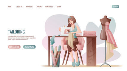 Sewing workshop landing page or web banner template. The dressmaker works on a sewing machine. Profession creative studio. Vector illustration - obrazy, fototapety, plakaty