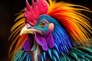 The head of a multi-colored rooster on a black background.