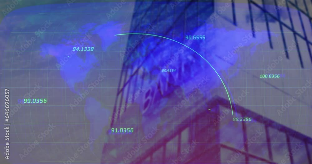 Poster Animation of numbers and moving lines with map over modern building against sky