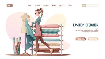 Sewing workshop landing page or web banner template. A woman seamstress creates a dress on a mannequin. Fashion designer or tailor.