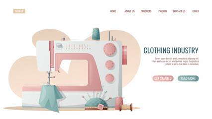 Sewing workshop landing page or web banner template.Hand drawn illustrations of sewing tools, sewing machine. Pre-made landing for dressmaking, tailoring school