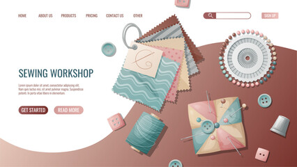 Sewing workshop landing page or web banner template. Hand drawn illustrations of sewing tools, pincushion, fabric, buttons. Pre-made landing for dressmaking, tailoring school, sewing courses - obrazy, fototapety, plakaty