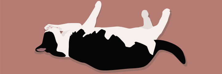 A black and white cat lies and washes itself with its paw. Cute pet. Vector illustration.