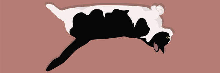 A black and white cat lies resting. Cute domestic cat. Vector graphics. For print.