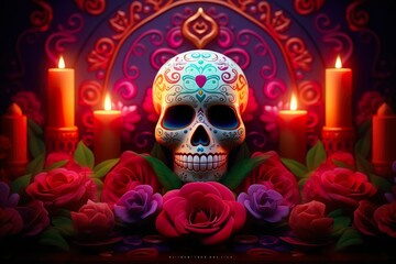 Day of the dead mexican skull surrounded by candles and flowers dia de los muertos skeleton head 