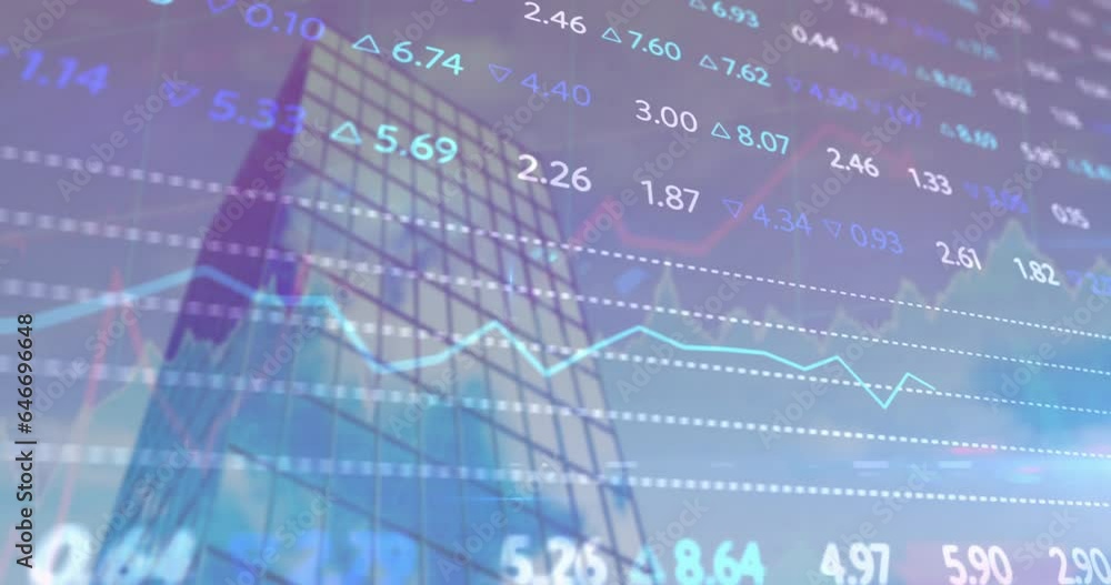 Poster animation of graphs and trading board over low angle view of building against cloudy sky