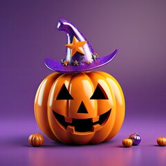 Happy Halloween with Jack-o-Lantern pumpkin character wearing witch hat on purple background 3d