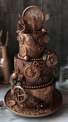 steampunk cake, Victorian dessert, mechanical confection, gears and cogs, clockwork pastry, vintage sweets, retro-futuristic baking, fantasy cake, industrial revolution treat, generative ai