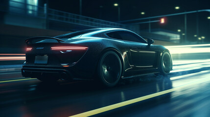 Futuristic sport car on the road at night with motion blur generative ai
