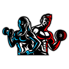 fitness couple man and woman with dumbbells in their hands, vector, logo, cartoon, mascot, character, illustration