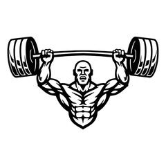 the muscular torso of a bodybuilder who lifts a barbell over his head, vector, logo, cartoon, mascot, character, illustration