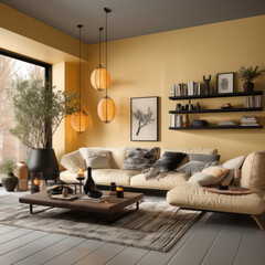  A light yellow living room with some leather 
