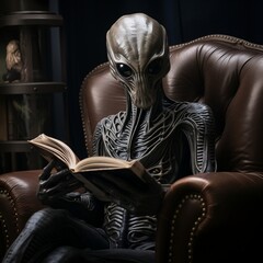 an alien standing in a chair holding a book, in the style of photo-realistic compositions
