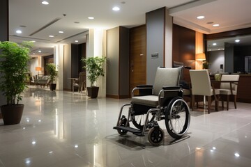 Wheelchair in lobby hallway, Generate with Ai.