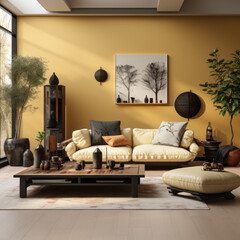 A light yellow living room with some hide furniture

