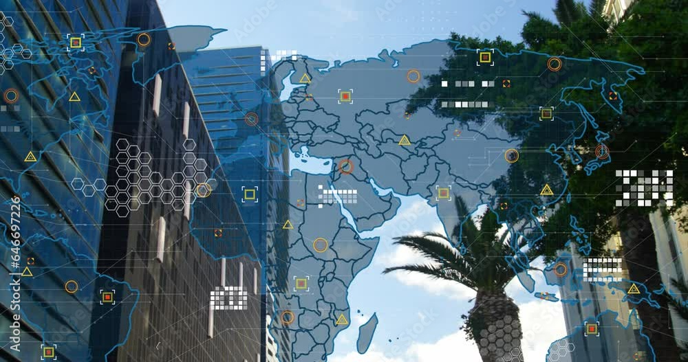 Poster Animation of map and circuit board pattern over modern buildings against sky