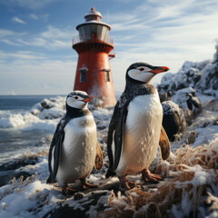 Obraz premium A lighthouse covered with snow frozen lake noon 