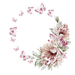 Watercolor wreath with roses and leaves. Illustration