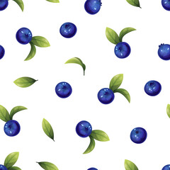 Seamless pattern of blueberries. Texture of blue berries and leaves. Blueberry sprigs for fabric, wallpaper, wrapping paper, etc.