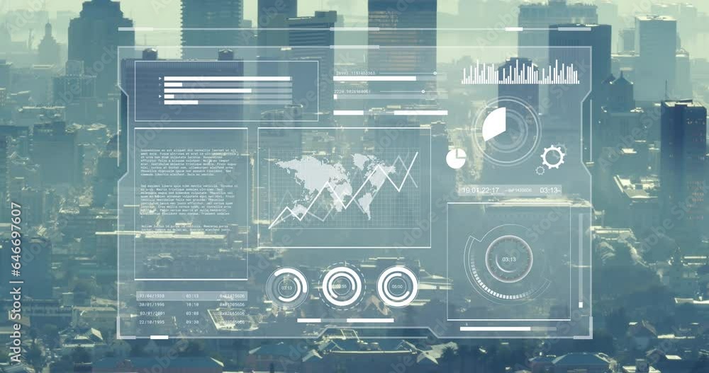 Poster animation of graphs, map, loading circles and bars over aerial view of cityscape