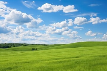 Landscape view of green grass field on slope, blue sky and clouds background.