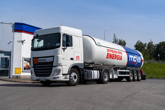 Semi-trailer truck car with fuel tank trailer container at Moya gas filling station. Delivering fuel to the Moya petrol station pumps on September 9, 2023 in Skawina, Poland.