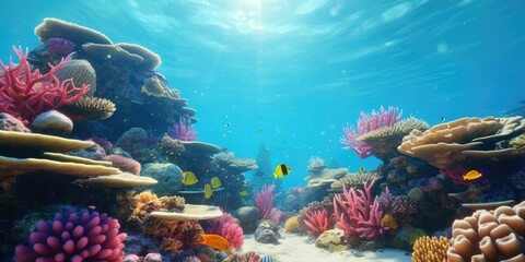 Obraz na płótnie Canvas Underwater Scene - Tropical Seabed With Reef And Sunshine