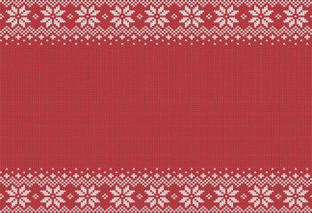 Red Christmas banner knit texture with snowflakes. Vector illustration.