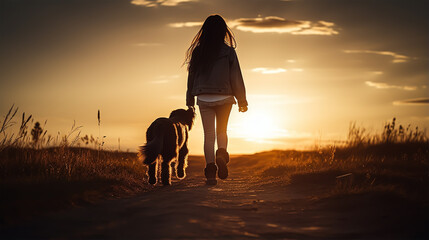 dark silhouette image of a girl walking with dog . 