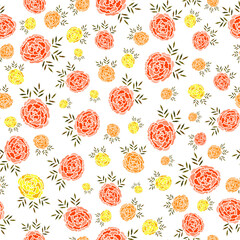 Seamless pattern with colorful marigold flowers with jagged leaves and petals on a white background