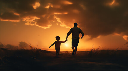 Obraz premium dark silhouette image of a happy couple running at a beach . 