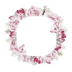 Watercolor card with roses and peony flowers. Illustration