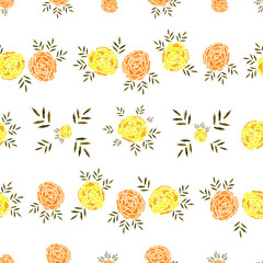 Seamless pattern with colorful marigold flowers with jagged leaves and petals on a white background