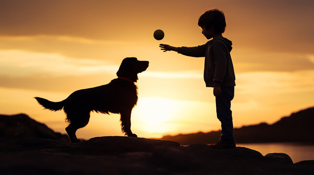dark silhouette image of a boy playing fetch with dog . 