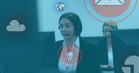 Animation of icons, female caucasian service representative talking with customer wearing headphones - Powered by Adobe