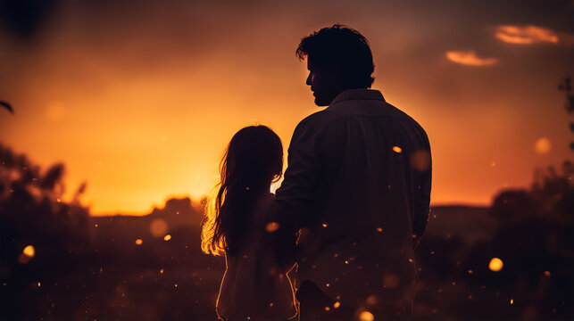 dark silhouette image of a daughter and father . 