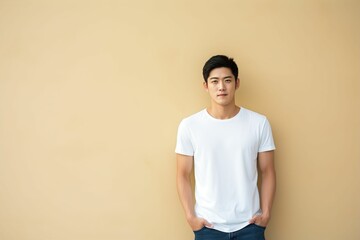 白いシャツを着て壁の前に立つ日本人の男性（アジア人・ファッションモデル・正面・モックアップ） - obrazy, fototapety, plakaty