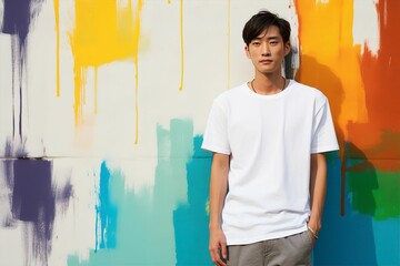 白いシャツを着て壁の前に立つ日本人の男性（アジア人・ファッションモデル・正面・モックアップ） - obrazy, fototapety, plakaty